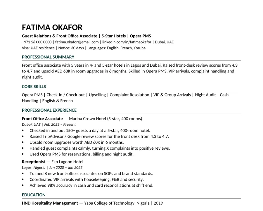 Hospitality CV template