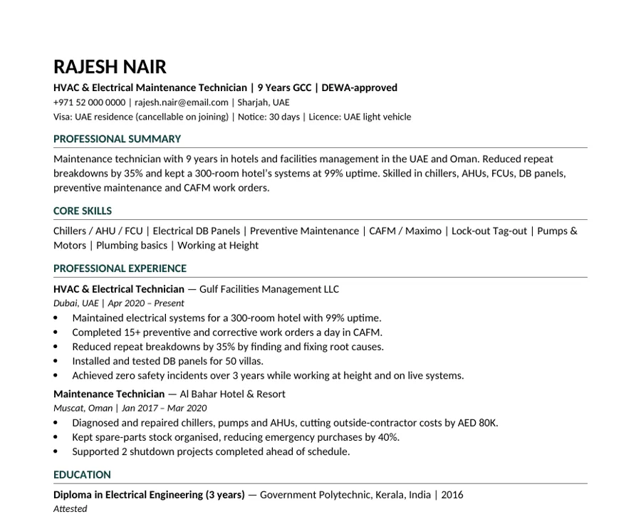 Skilled trades CV template